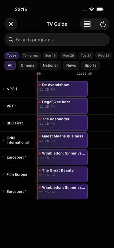 The programme guide on iPhone, showing a channel grid across time