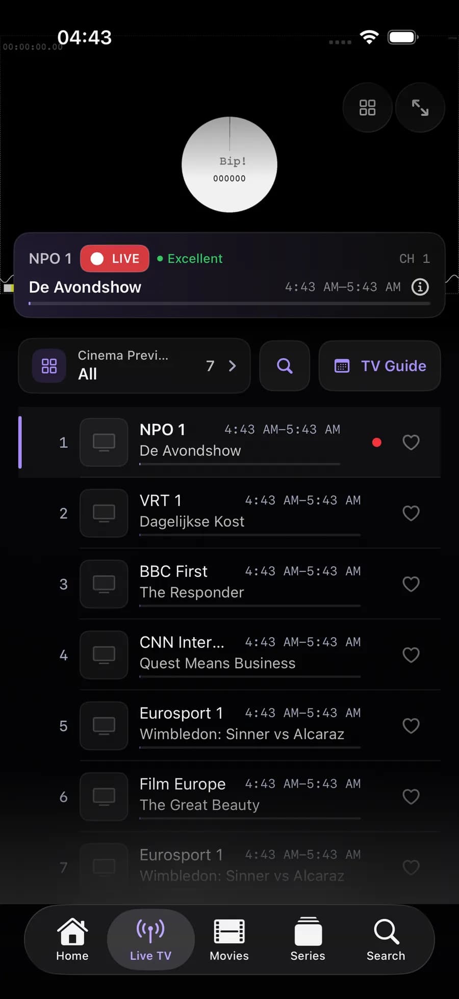 Live TV screen on iPhone, showing channels with their current programme