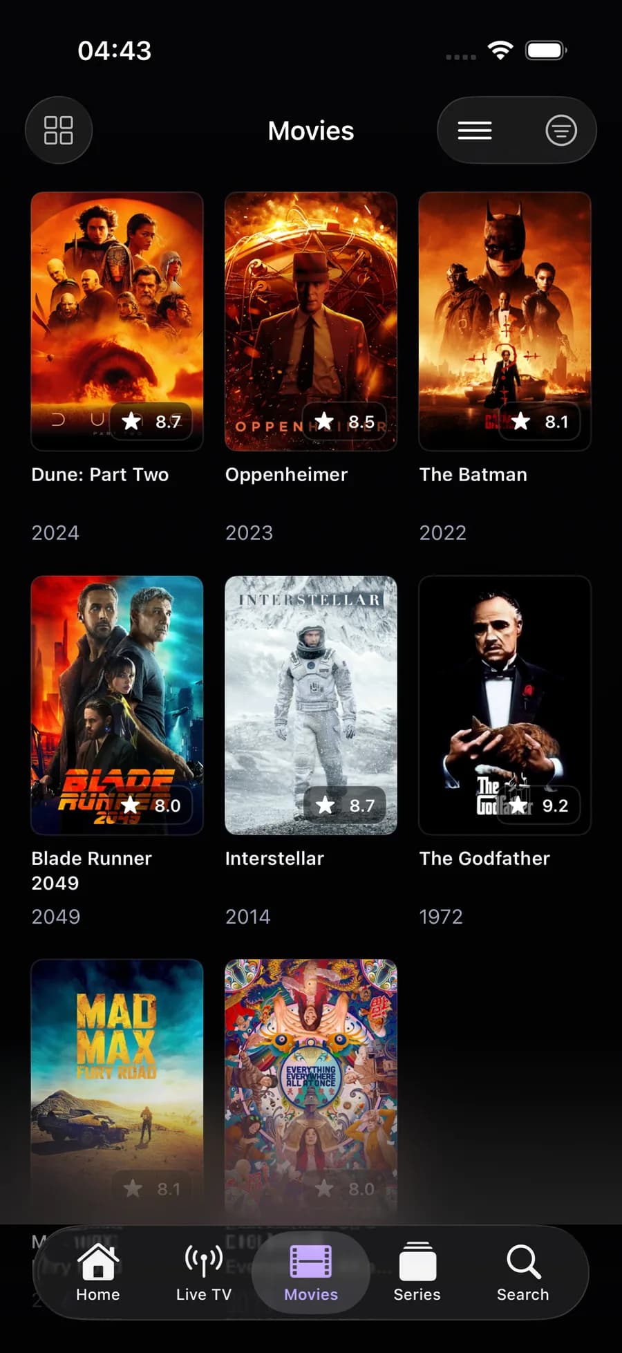 The movies library on iPhone, showing poster artwork in a grid